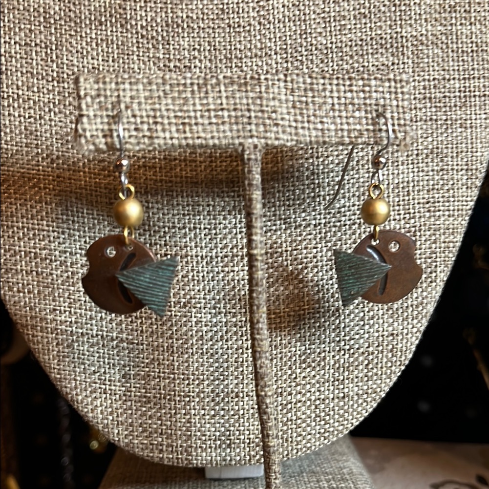 Lci Copper, Gold And Green Fish Earrings